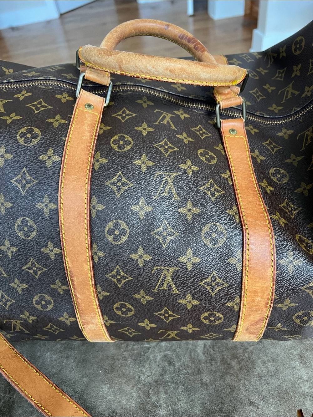 Louis Vuitton Brown Monogram Travel Duffel with Tan Leather Trim - Picture 3 of 7